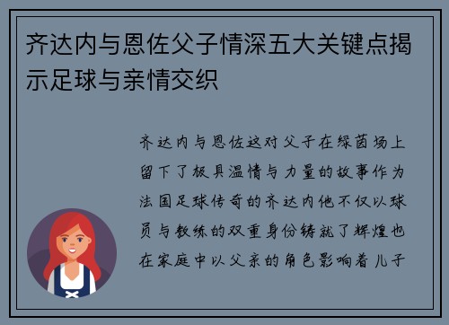 齐达内与恩佐父子情深五大关键点揭示足球与亲情交织